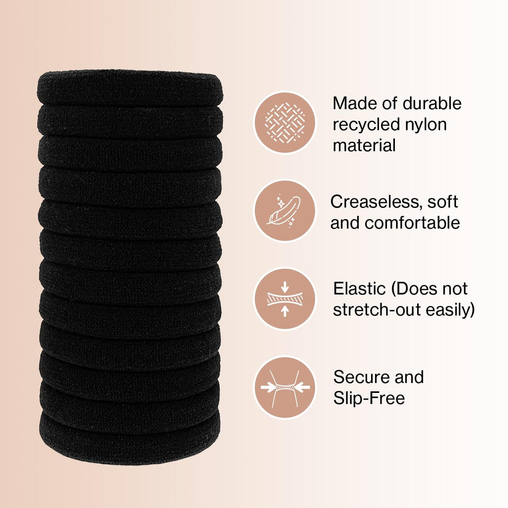 Buy now Kitsch Black Hair Ties No Damage - Strong, Stretchy Hair Bands | Soft Nylon Ponytail Holders, Snag-Free Rubber Bands, Perfect for Updos & Braids | Ideal Gifts for Women - Black, 6pcs at indiglob india