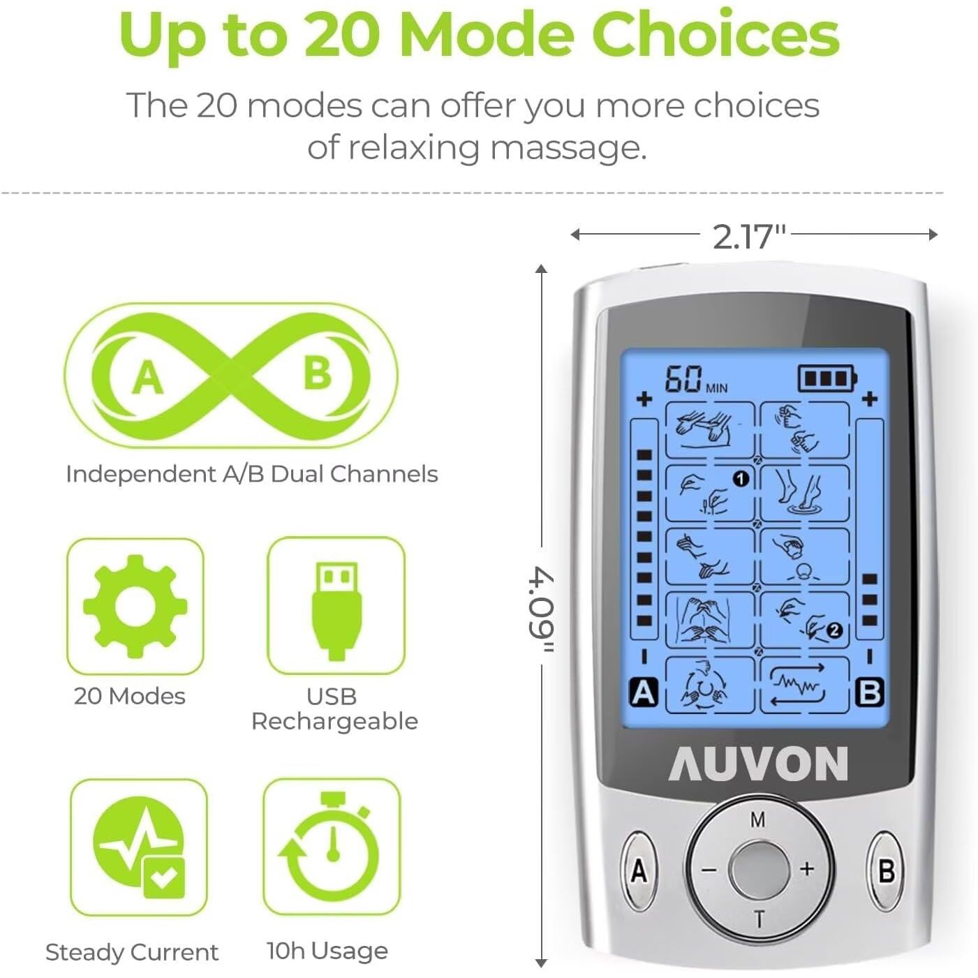 Buy now AUVON Dual Channel TENS Unit Muscle Stimulator Machine with 20 Modes, 2" and 2"x4" TENS Unit Electrode Pads at indiglob india