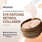 MEDIHEAL 95% Retinol & Collagen Under Eye Patches, Wrinkle Care (60 Count) | with Retinol Liposome, Collagen | 4-Zone Firming Care for Eyes & Smile Lines | 0.00 Irritation | Korean Hydrogel Patches