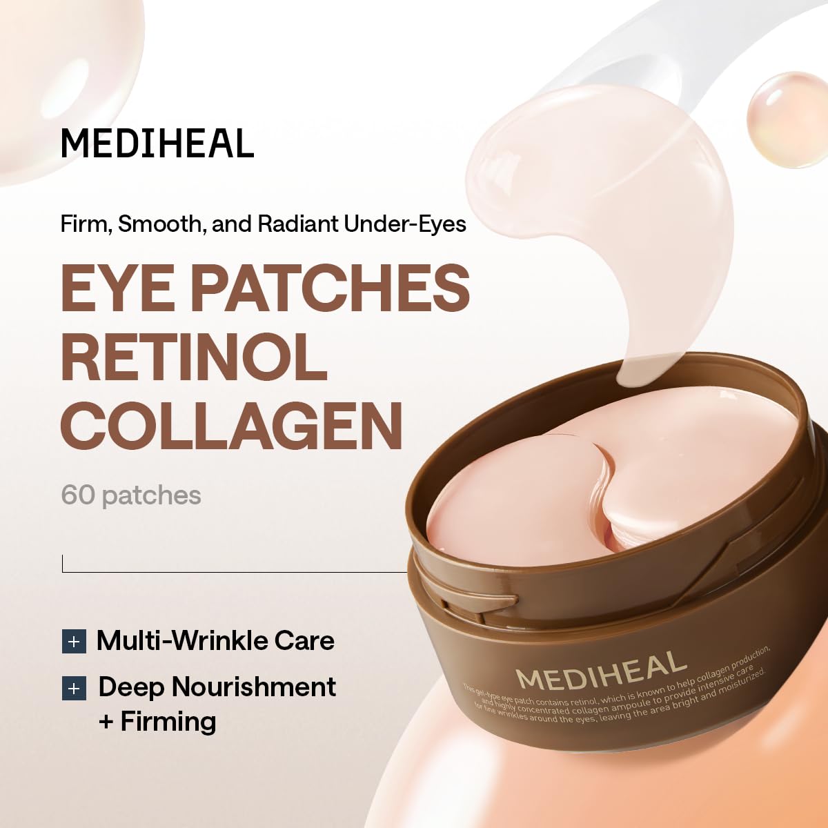 MEDIHEAL 95% Retinol & Collagen Under Eye Patches, Wrinkle Care (60 Count) | with Retinol Liposome, Collagen | 4-Zone Firming Care for Eyes & Smile Lines | 0.00 Irritation | Korean Hydrogel Patches