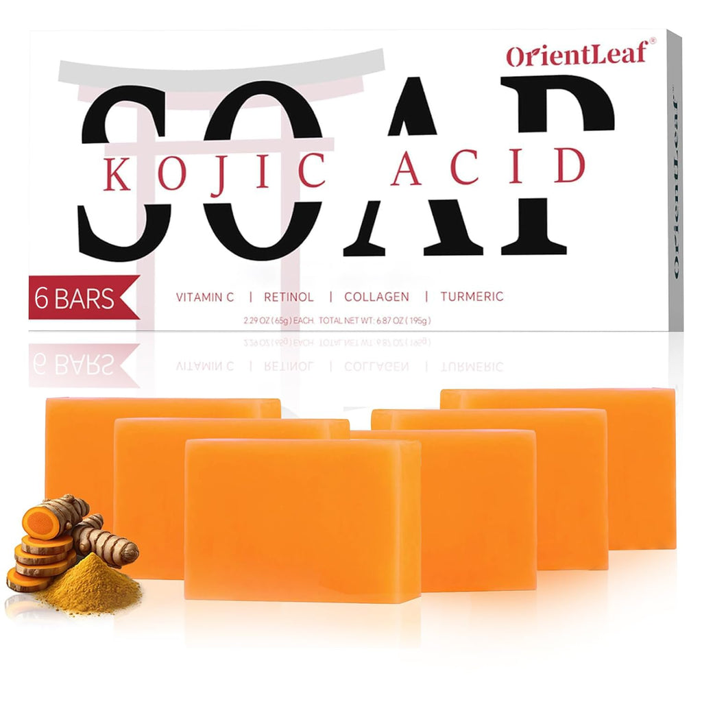 ORIENTLEAF Kojic Acid Soap, Turmeric Soap Bar, Fresh Citurs Scent, Gentle for face and body with Vitamin C, Shea Butter, Retinol, Olive Oil, Collagen (6 PACK)