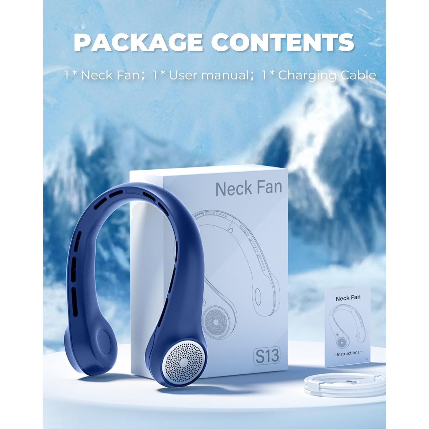 Buy now Portable Neck Fan, 4000mAh Rechargeable Bladeless Cooling Fan with 360° Airflow, 3-Speed Personal Cooler for Women Mom, Stylish Gift for Travel, Gym, Office, Blue at indiglob india