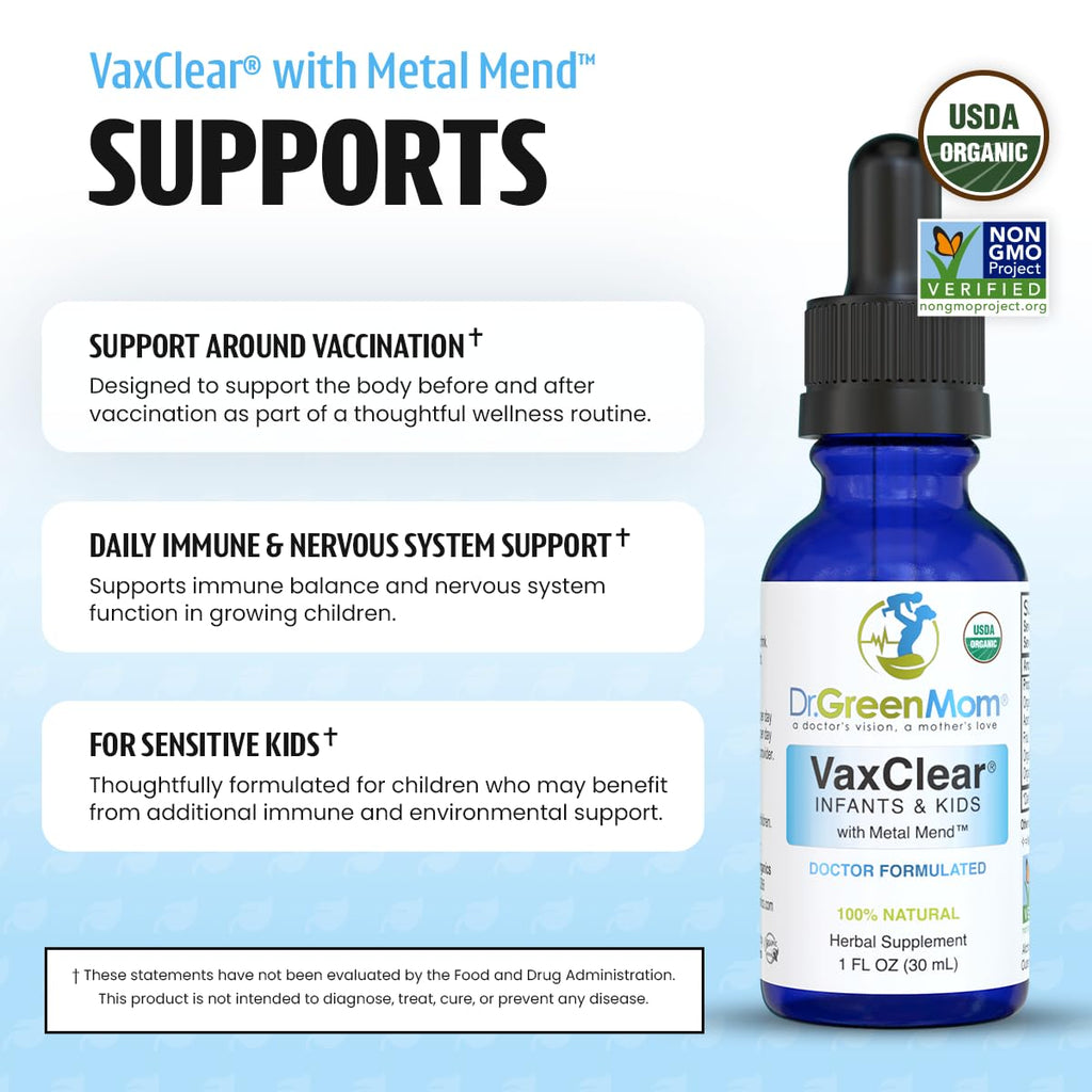 Dr. Green Mom Organic VaxClear with Metal Mend, Herbal Heavy Metal Detox Drops for Kids and Infants with Chlorella, Turmeric, Cilantro and Milk Thistle to Cleanse and Support Immune Response