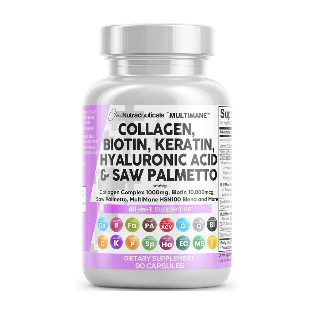 Clean Nutraceuticals Collagen Pills 1000mg Biotin 10000mcg Keratin Saw Palmetto Hyaluronic Acid - Hair Skin & Nails Vitamins & DHT Blocker with Vitamin E Folic Acid Pumpkin Seed MSM - 90 Count