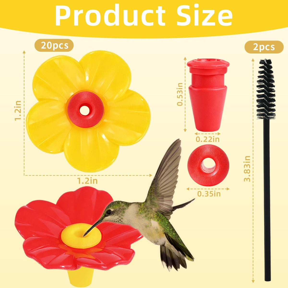 20 Pieces Hummingbird Feeder Replacement Flowers Plastic Hummingbird Feeders Parts Pet Bird Feeder Replacement for Outdoors Hanging Feeders Feeding Ports with 2 Cleaning Brush (Red + Yellow)