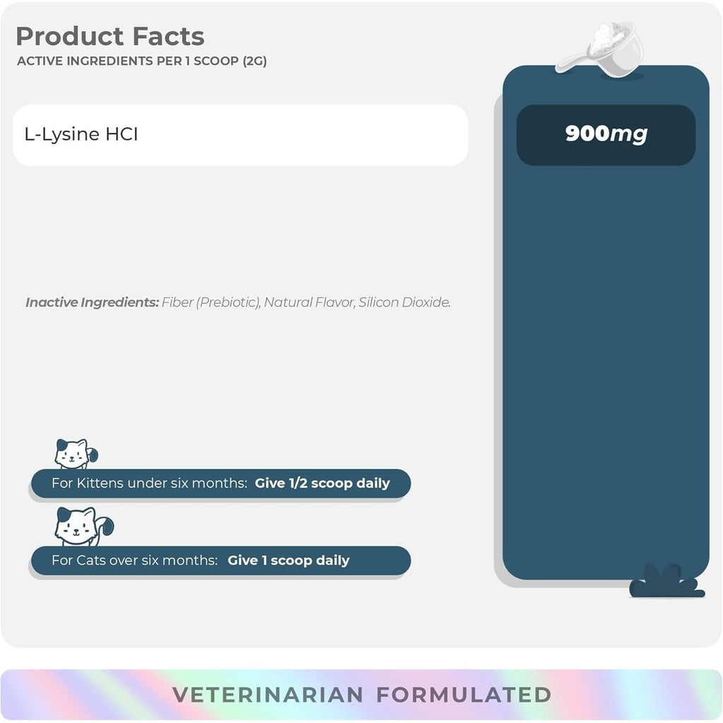 L-Lysine for Cats 900mg - Immune, Eye & Respiratory Support Powder | 900mg/scoop L-Lysine supports immune, eye & respiratory health. For cats with sneezing, runny nose, cold & herpes symptoms.