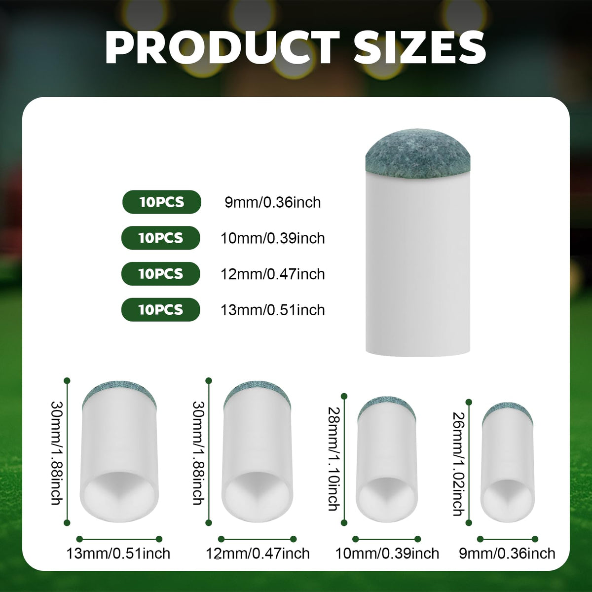40Pcs Slip On Pool Cue Tips Replacement Kit, 4 Sizes Upgrade Pool Stick Tips for Snooker and Pool Cues, No Glue, Fast-Fix Solution for Stick Tip Replacement (9mm/10mm/12mm/13mm, 10pcs Each)