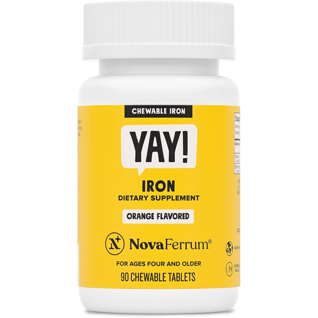 NovaFerrum Yay | Chewable Iron Supplement for Kids & Adults Ages 4 and Over | 18mg of Iron | 90 Servings | Sugar Free | Vegan | Gluten Free | Orange Flavor | For Ages 4+ | Sugar Free, Vegan, Gluten Free Certified | Orange Flavor | 90 Servings