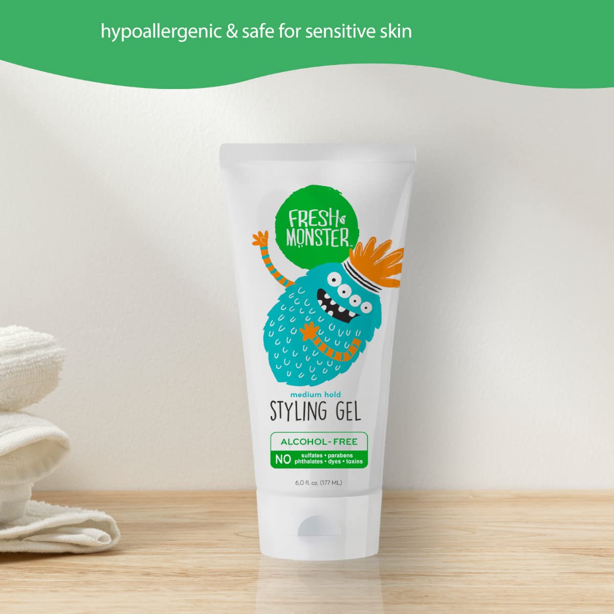 Fresh Monster Kids Hair Styling Gel, Medium Hold, Alcohol-Free, 6 oz | No Crunch or Stickiness, Toxin-Free, Sulfate/Fragrance Free, Hypoallergenic, Dermatologist Tested, Made in USA
