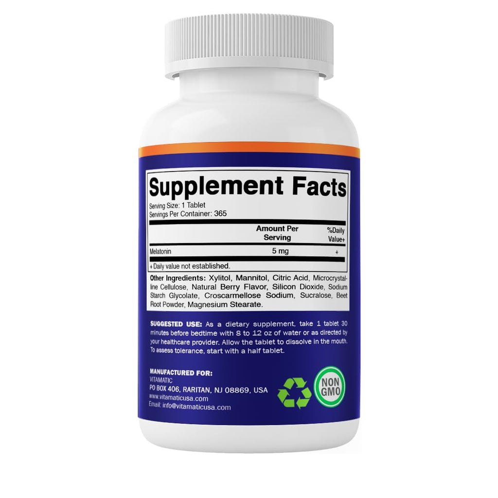 Vitamatic Melatonin 5 mg Tablets | Vegetarian, Non-GMO, Gluten Free | 1 Year Supply | Natural Berry Flavor - 365 Tablets