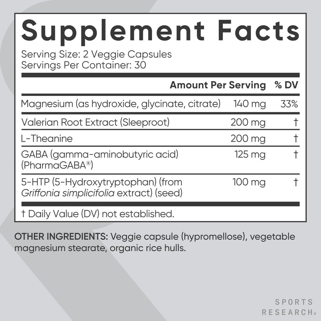 Sports Research® Sleep Complex (Melatonin-Free), 60 Veggie Capsules | Natural Sleep Aid with Valerian Root, GABA, L-Theanine, Magnesium & 5-HTP - Non-GMO Verified & Gluten Free