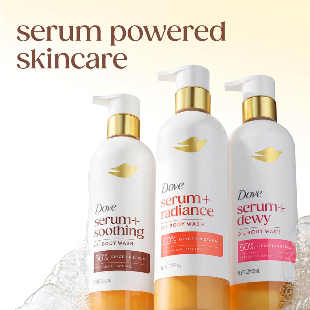 Dove Serum+Shower Oil Body Wash Dewy, Coconut & Geranium Oil, 15.3 fl oz | Hydrating shower oil body wash with glycerin serum for soft, dewy skin without greasy residue