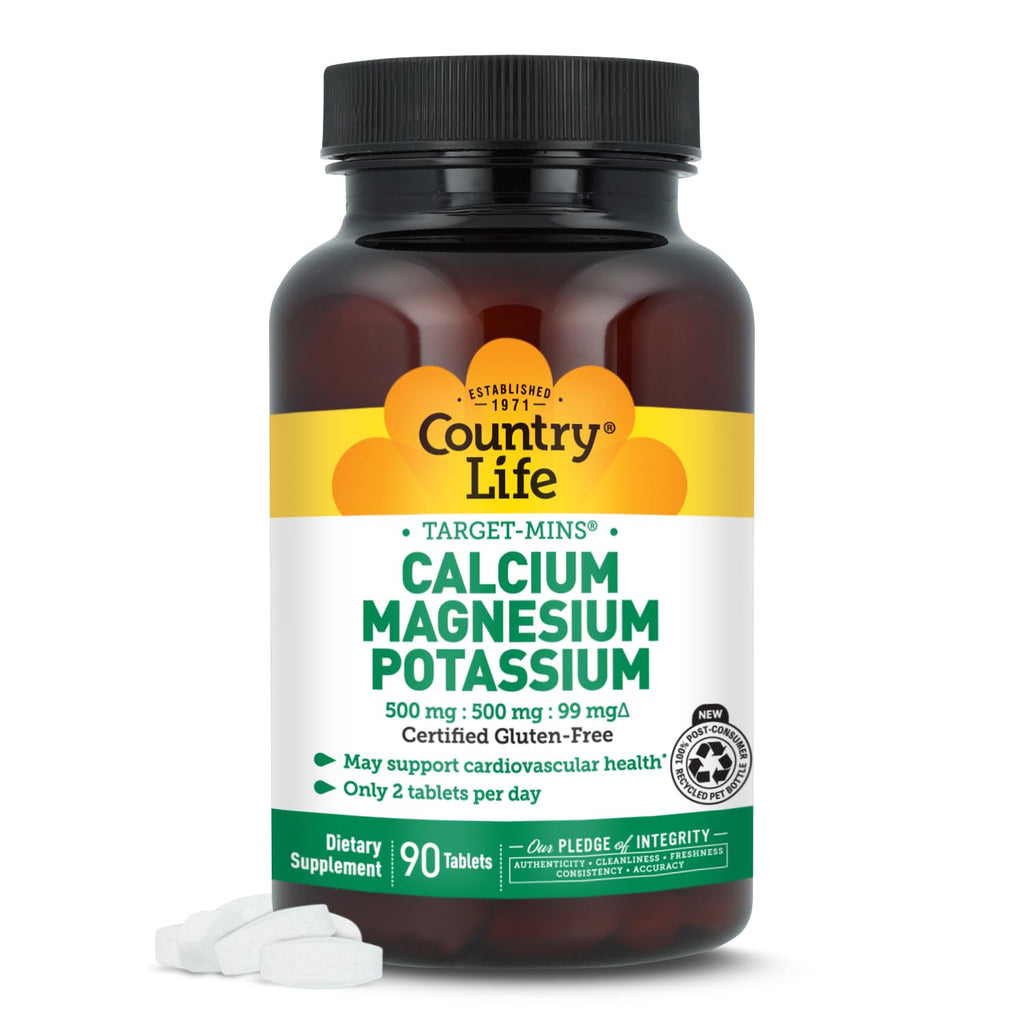 Country Life Target-Mins Calcium Magnesium Potassium, 180 Tablets | 500 mg calcium, 500 mg magnesium and 99 mg potassium per 2-tablet serving; certified gluten-free