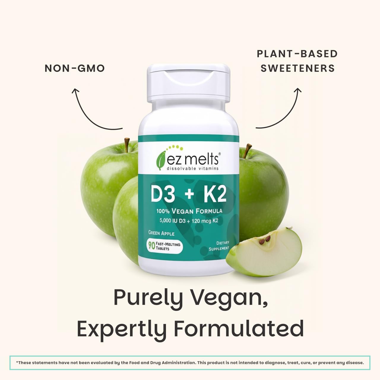 EZ Melts Dissolvable Vitamin D3 5,000 IU & K2 120 mcg, 180 Tabs, Green Apple