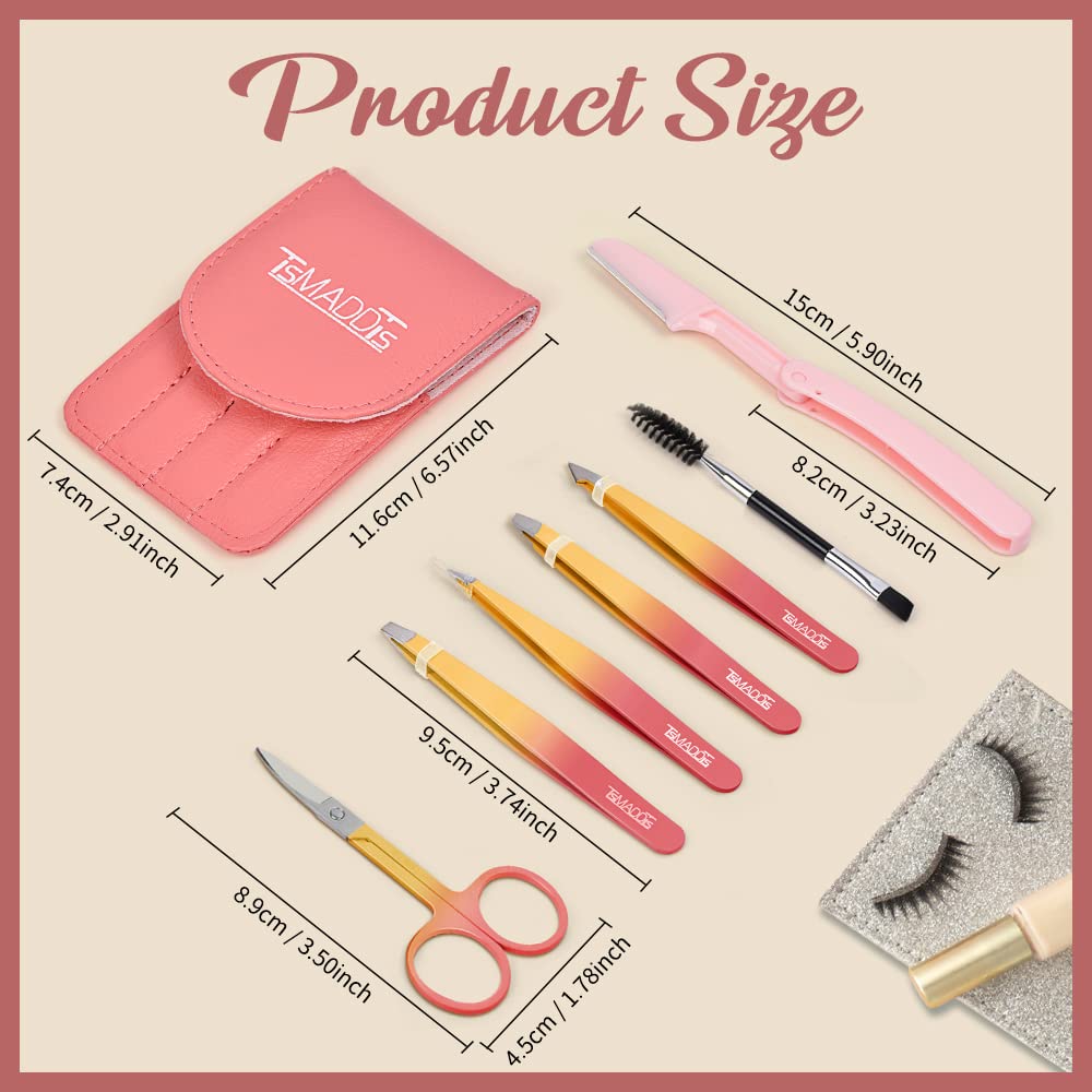 TsMADDTs 7 pcs Tweezers Set for Women Facial Hair, Precision Tweezer for Eyebrows with Curved Scissor and Eyebrow Razor for Ingrown Hair, Pink&Yellow