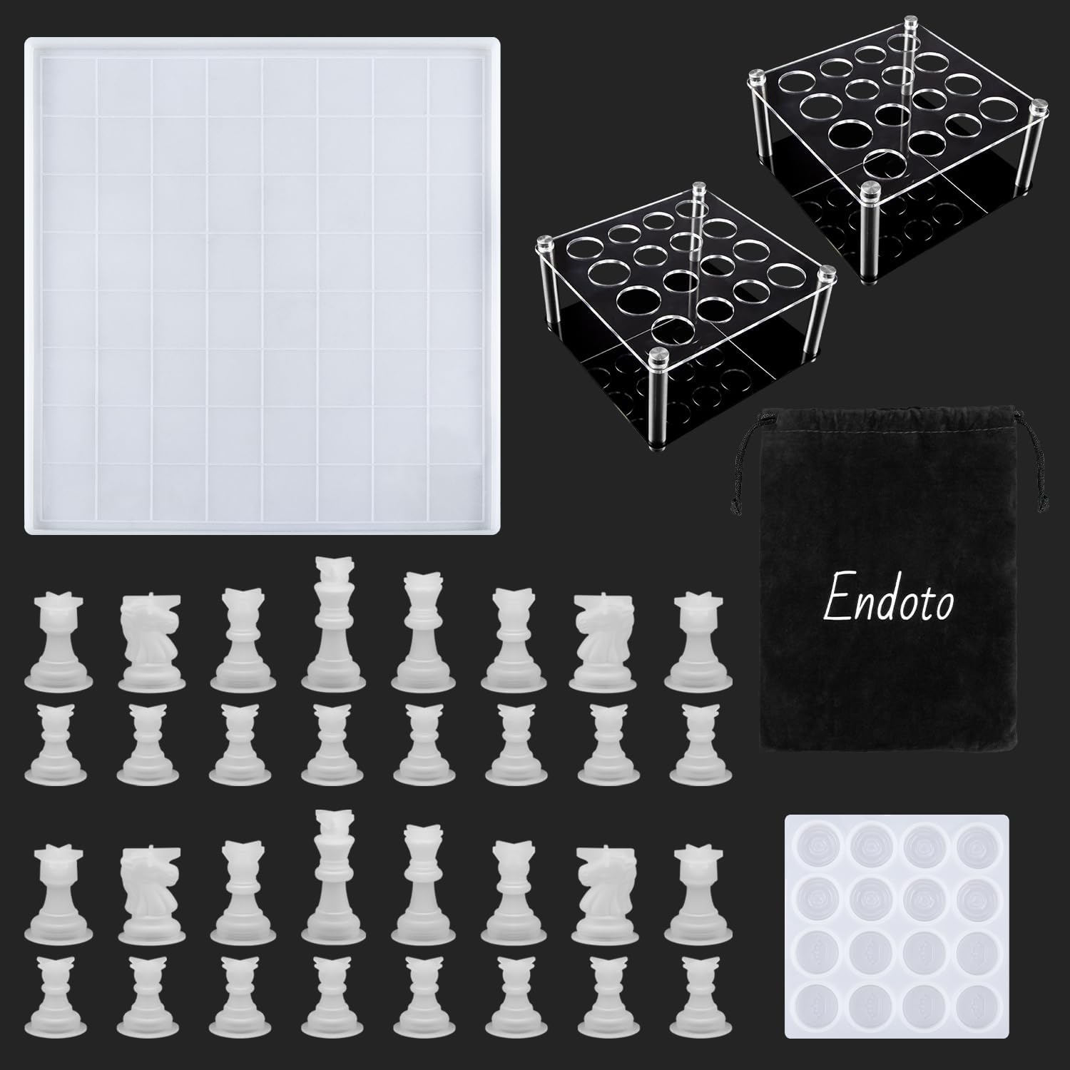 Buy now Endoto Chess Set with Checkers Board Silicone Resin Mold, 16 Pieces Full Size 3D Chess Crystal Epoxy Casting Molds for DIY Art Crafts Making, Family Party Board Games and Home Decoration 32pcs Chess Mold Set + 2Holder at indiglob india