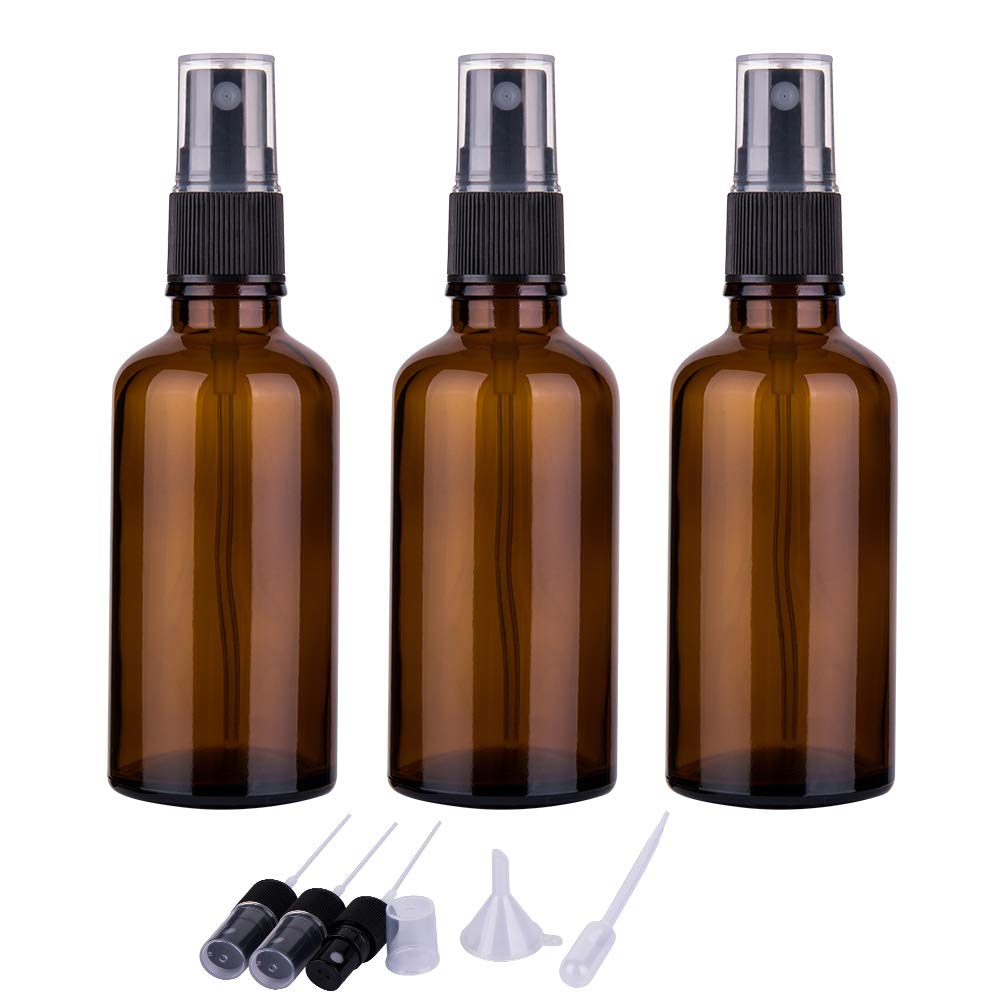 2oz Amber Glass Spray Bottles for Essential Oils, Set of 3 | Small, Travel, Mini, Empty, Fine Mist, for Facial, Cosmetic, Perfume, Hair Care, Room, Refillable, Leakproof, UV protection