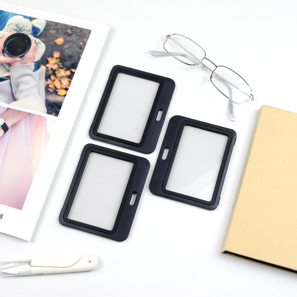 3-Pack Horizontal Hard Plastic ID Badge Holders – Double-Sided Black Card Case for Office, School, Credit & Access Cards