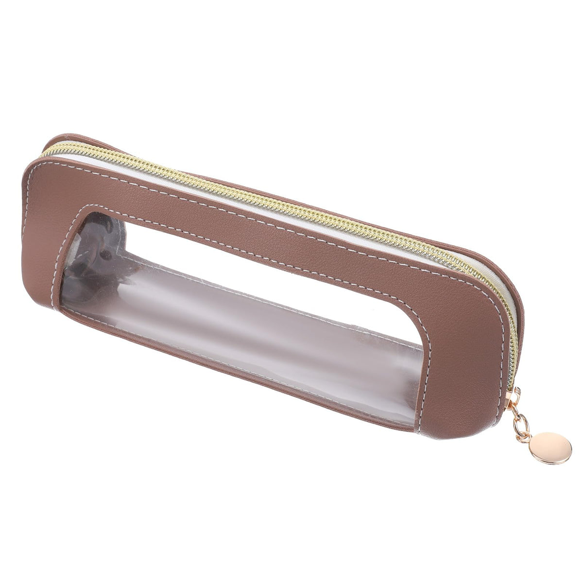Stylish small clear makeup bag made of PU leather. Available online for easy ordering. Perfect for cosmetics organization.