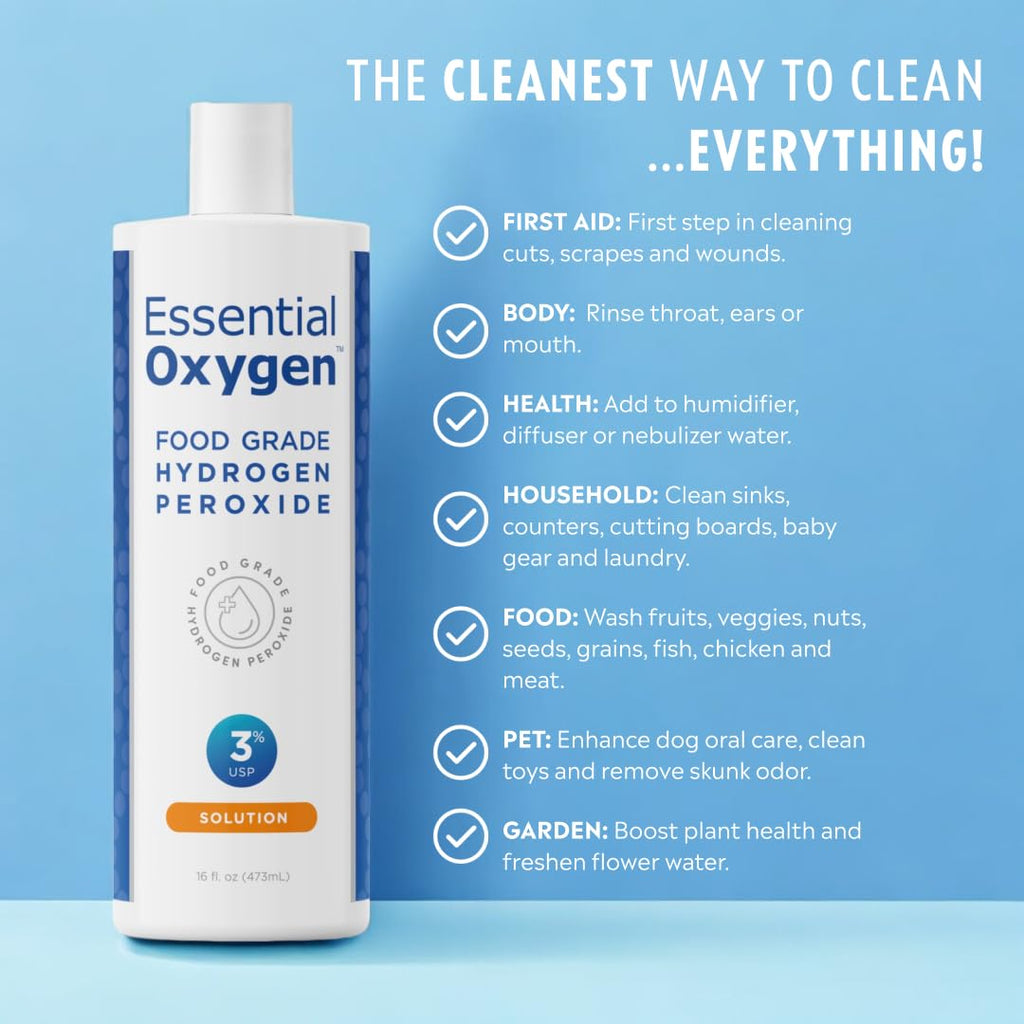 Essential Oxygen Food Grade Hydrogen Peroxide, Natural Cleaner, 3% USP, White, 16 Ounce