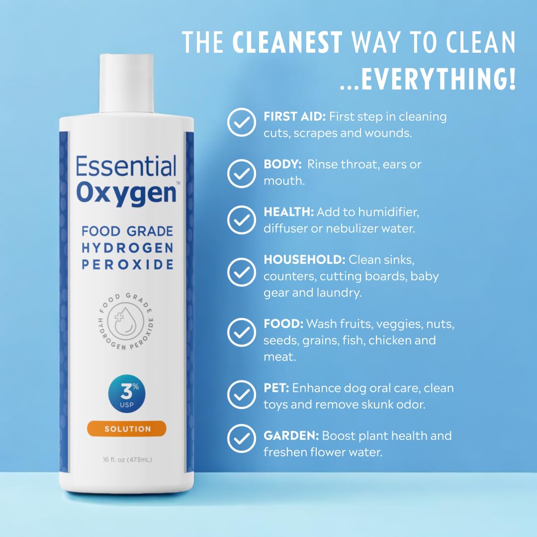Essential Oxygen Food Grade Hydrogen Peroxide, Natural Cleaner, 3% USP, White, 16 Ounce