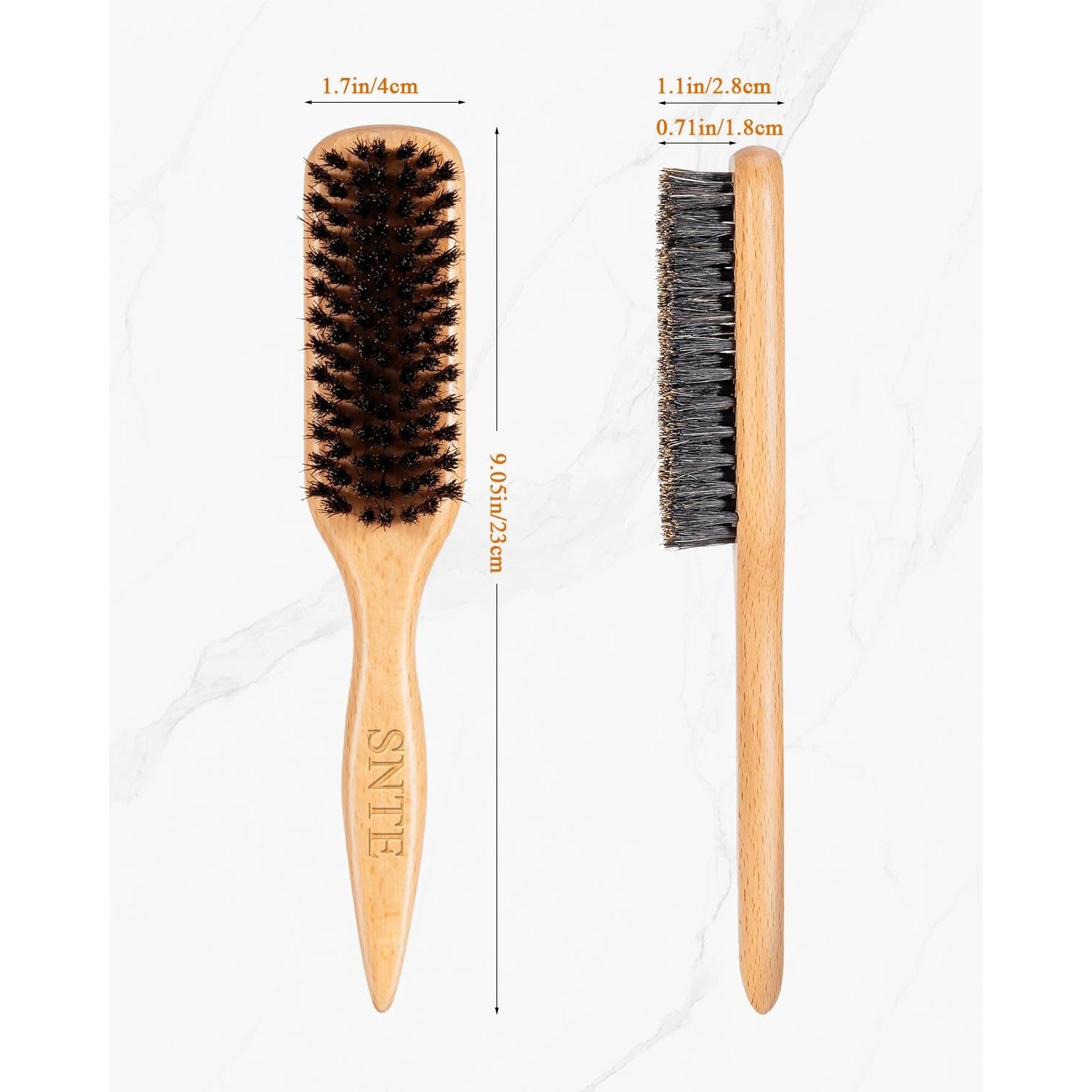 100% Boar Bristle Slick Back Hair Brush | Natural Peach Wood Handle | Restores Shine, Controls Frizz, Smooths Flyaways | Teasing Adds Volume Styling Tool | For Sleek Ponytails, Buns & Beard Grooming