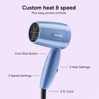 Conair Dual Voltage Hair Dryer, Compact Folding Handle Design, 1600W | Travel blow dryer for on-the-go styling with foldable 0.75-lb design, high-velocity airflow, and various heat/speed settings
