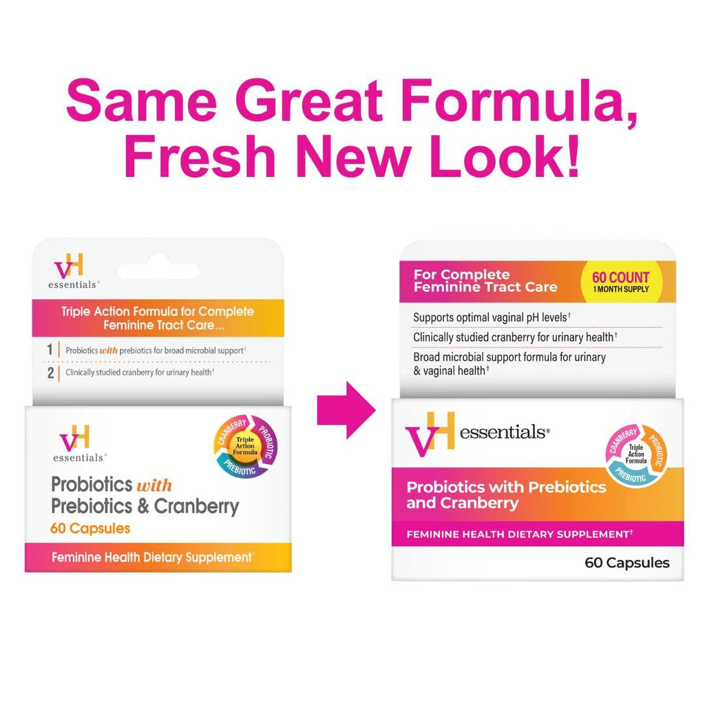 vH essentials Probiotics for Women with Prebiotics and Cranberry, 60 Ct | Feminine Health Dietary Supplement, Probiotics Support Gut Balance, Urinary Tract Health for Women, 30 Day Supply
