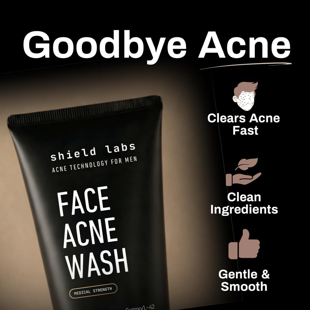 Shield Face Acne Wash for Men and Boys, Curoxyl-42 Face Wash to Clear, Treat, and Prevent Acne, Gentle formula with Niacinamide, Hyaluronic Acid, and Ceramides, Unscented, 5.1 oz, Pack of 1