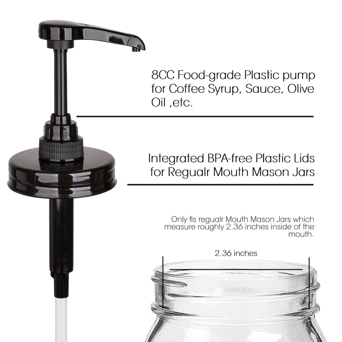 2 Pack Mason Jar Syrup Dispenser Pump Lids, Coffee Syrup Dispensers for Regular Mouth Mason Jars with Rust Proof Plastic Pumps and lids, Kitchen Food Grade Honey Dispenser Pump, Black
