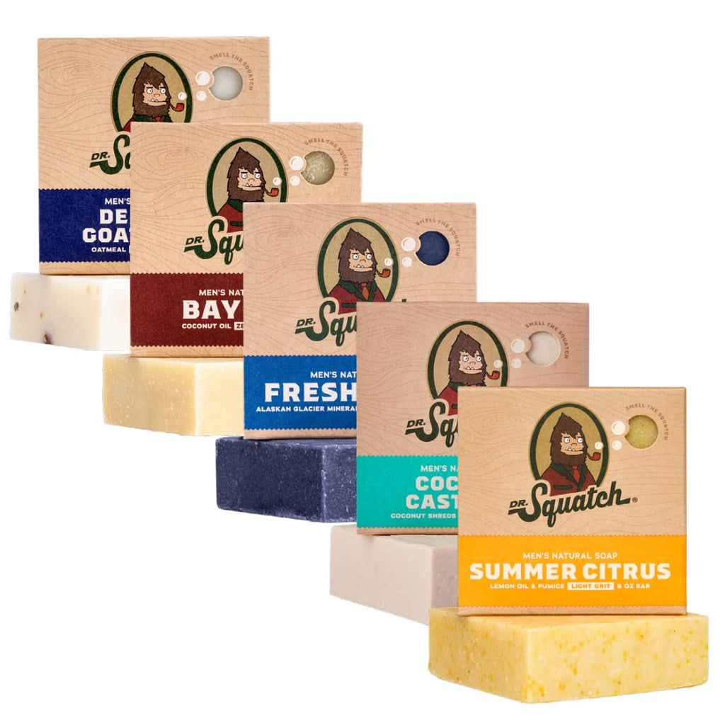 Buy now Dr. Squatch Natural Men’s Bar Soap - Cold Process Body Soap Bar with Natural Oils - Gifts for Men - Coconut Castaway, Wood Barrel Bourbon, Fresh Falls, Birchwood Breeze & Gold Moss (5 oz, 5-Pack) at indiglob india