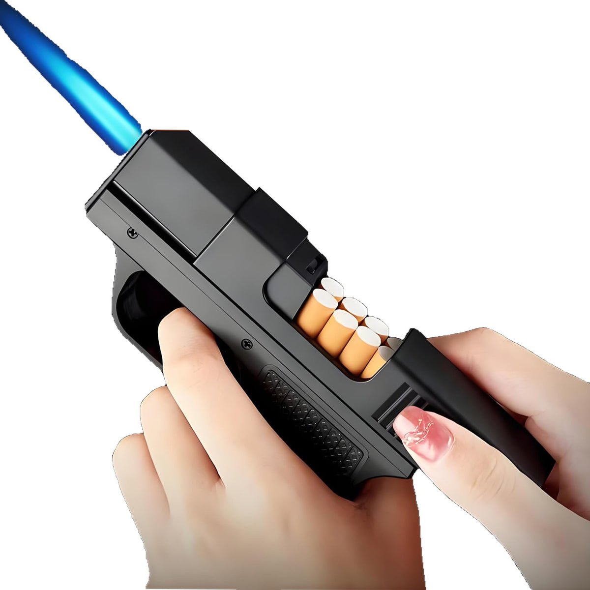 Tactical-Style Torch Lighter & Cigarette Case Combo, Windproof Blue Jet Flame, Multi-Function Tool, Ergonomic Zinc Alloy Body, Unique Birthday for Men(No Fuel)