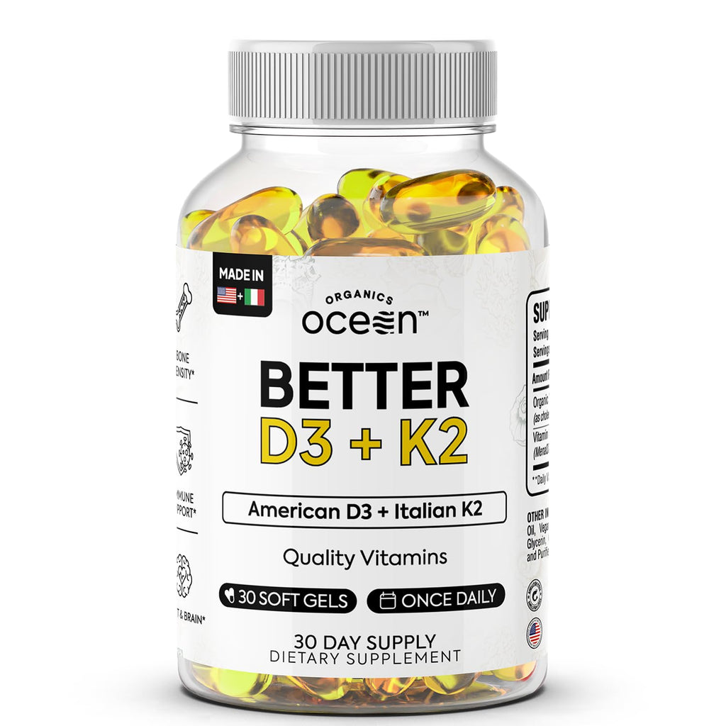 Organics Ocean Better D3 + K2-100% Organic VIT D3 and K2 Supplements with Maximum Bioavailability - Supports Bone Density, Calcium Balance, Immunity & Mood - 3-Pack, 90-Day Supply