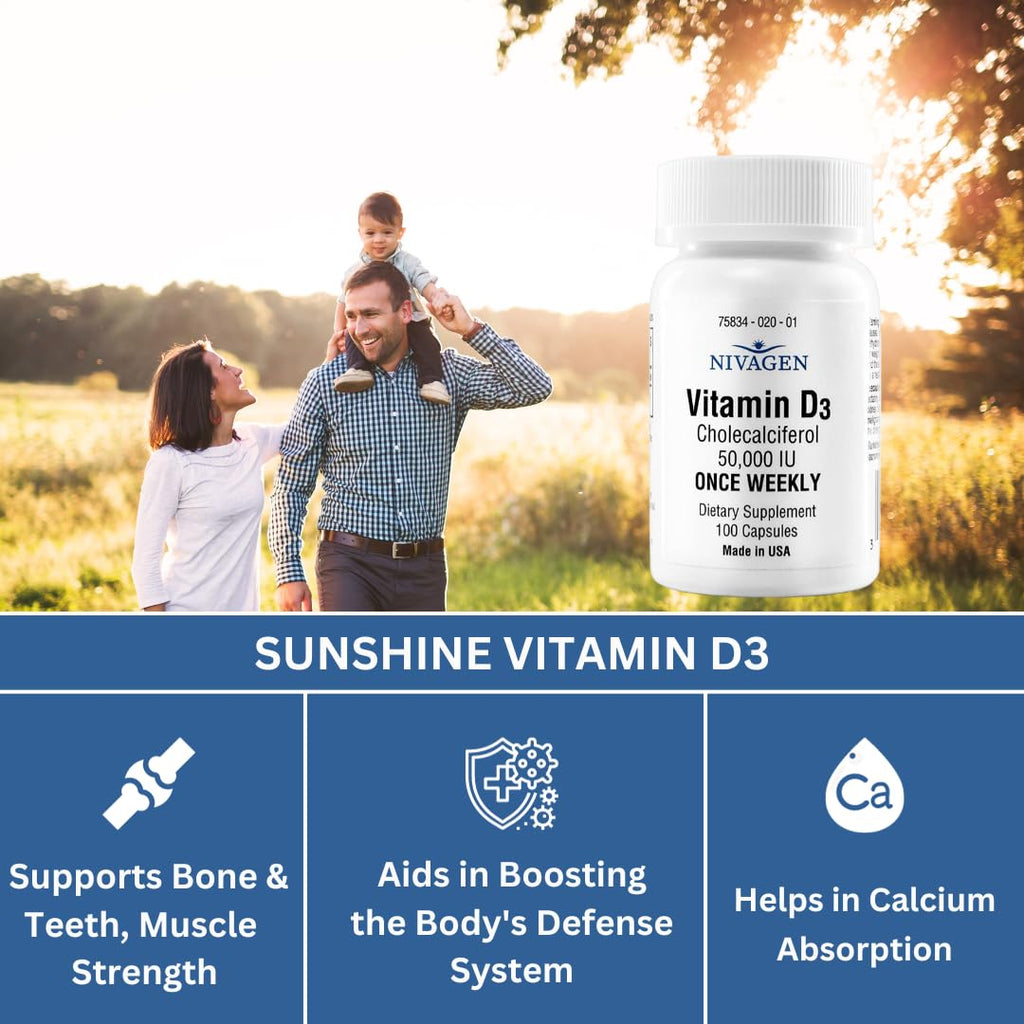 Nivagen Vitamin D3 50,000 IU (1250 mcg) | Once Weekly Dose | 100 Capsules (100 Weeks, Approx. 2 Years Supply) | Easy to Swallow | Bone, Muscle & Immune Support | Non-GMO, Gluten Free | Made in USA