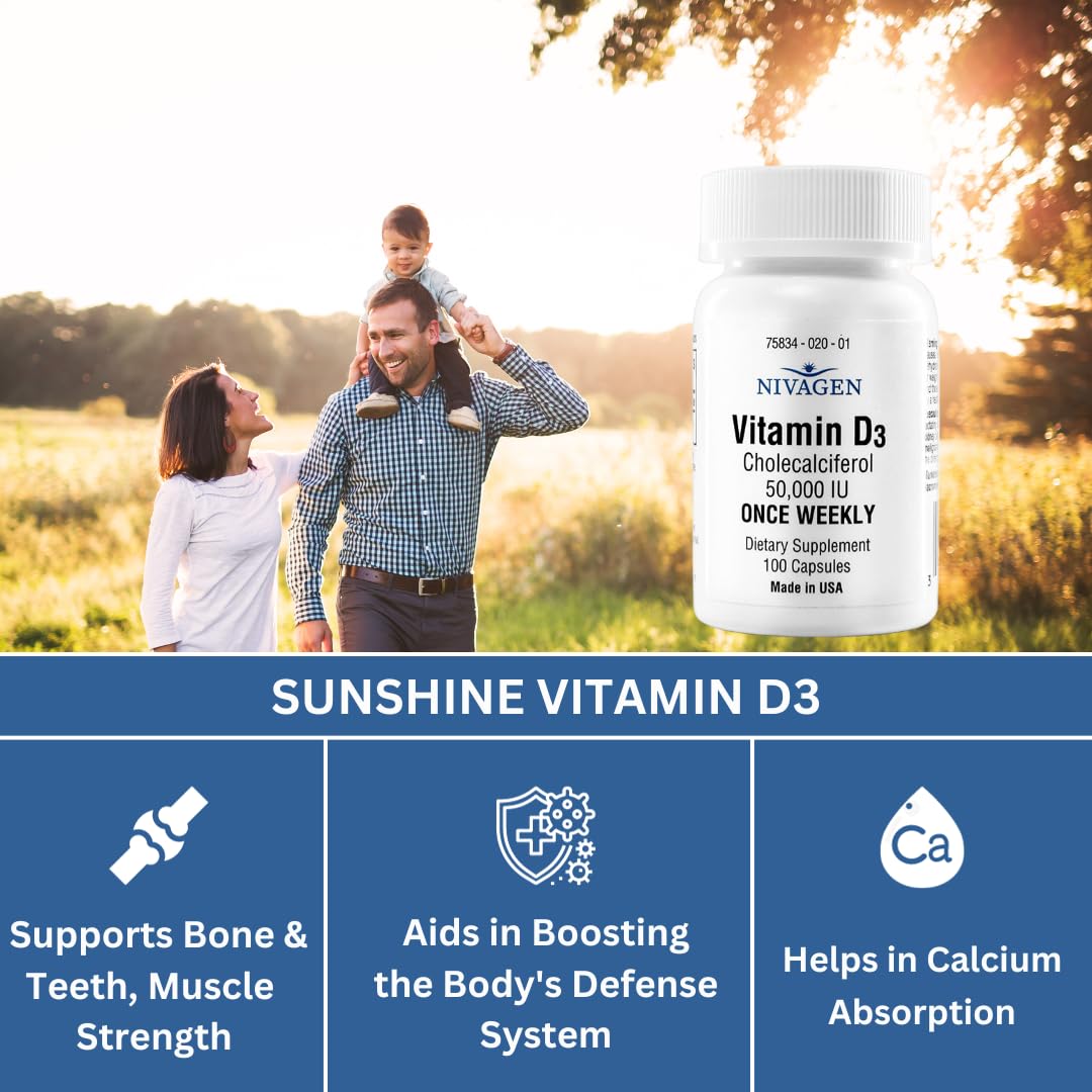 Nivagen Vitamin D3 50,000 IU (1250 mcg) | Once Weekly Dose | 100 Capsules (100 Weeks, Approx. 2 Years Supply) | Easy to Swallow | Bone, Muscle & Immune Support | Non-GMO, Gluten Free | Made in USA