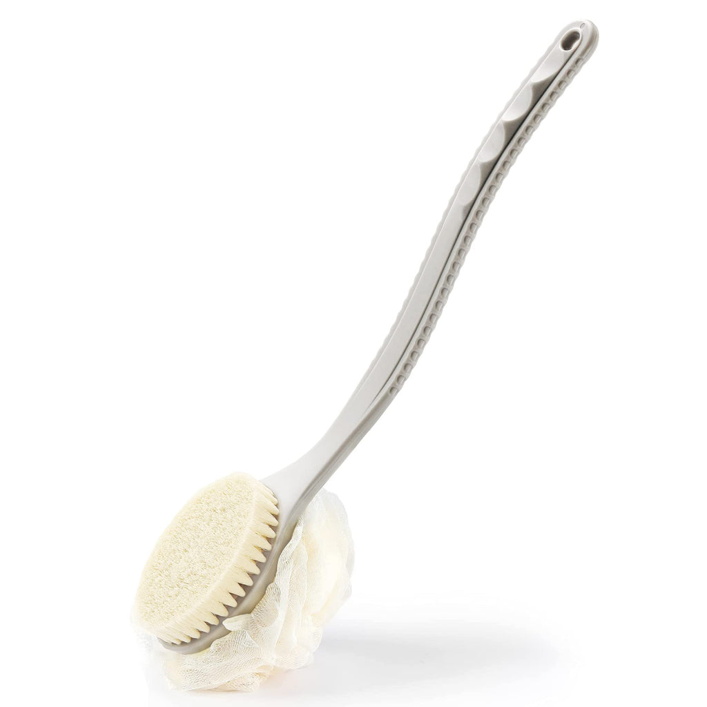 Shower Body Brush Bristles & Mesh Loofah Sponge,Curved Handle Back Scrubber | Long Handle Bath Brush with Mesh Sponge for Skin Exfoliating,Massage Bristles Suitable for Wet or Dry,Men & Women(Blue)