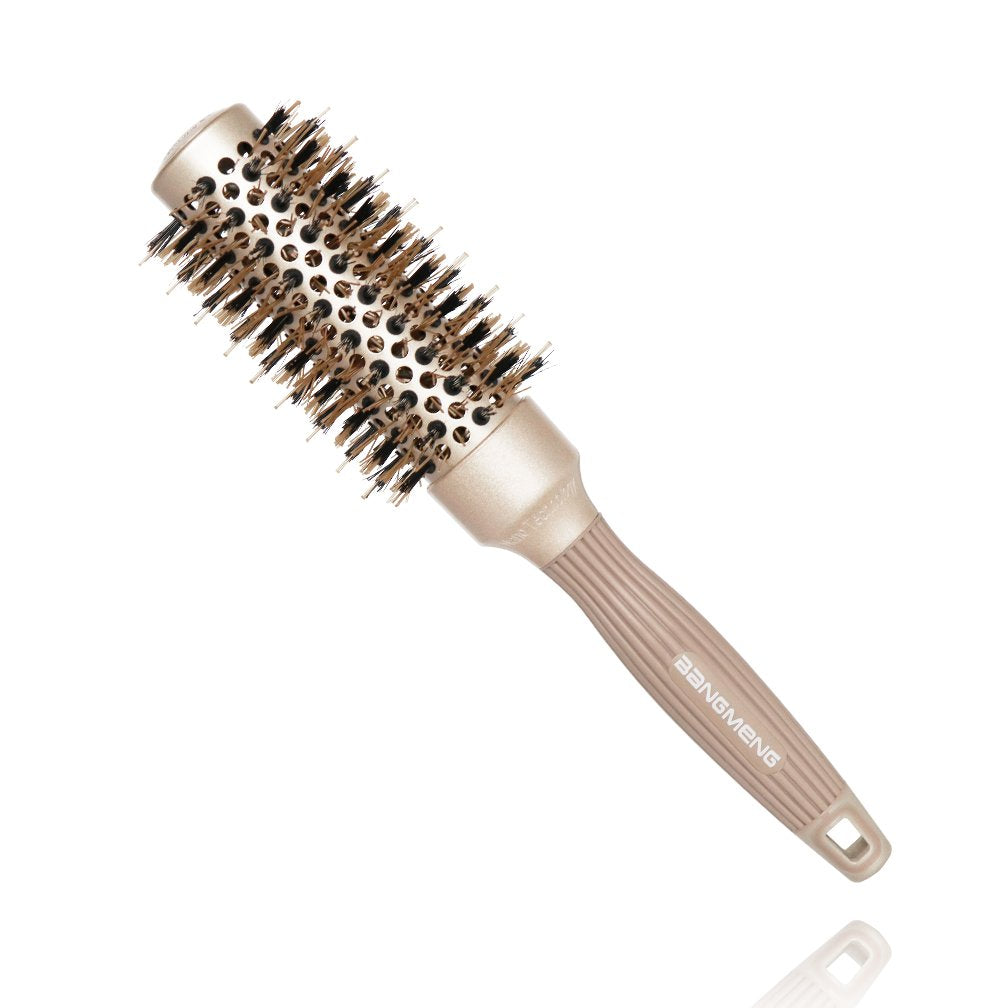 BANGMENG Round Brush with Boar Bristles, 1 inch Barrel, Nano Thermal Ceramic Ionic Tech for Straightening and Blow Drying, Gold