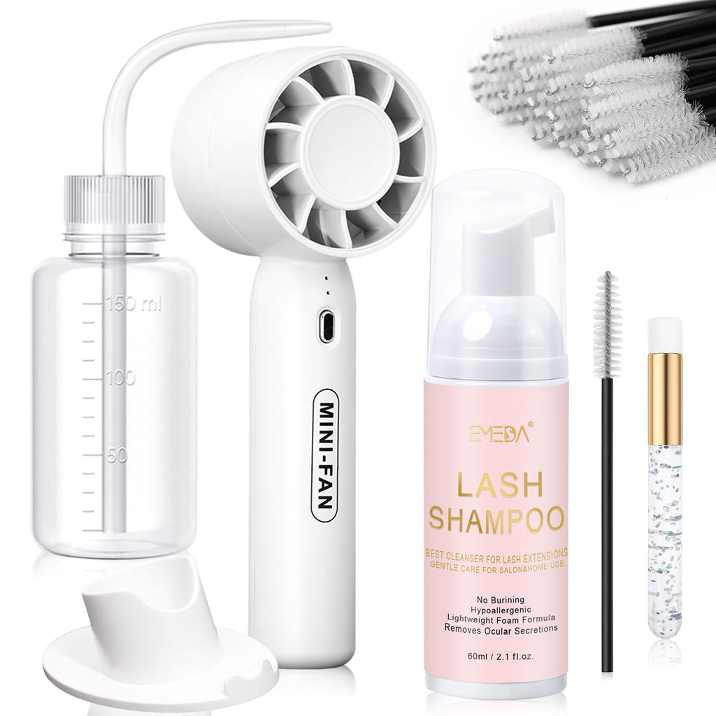EMEDA Lash Shampoo Kit 2.02 Fl.oz Lash Cleaning Kit with Fan (Pink) | Dryer/Brush/Rinse Bottle, Oil-free Cleanser Wash for Extensions & Clusters & Natural Eyelashes, Cleaner for Eyelash Care