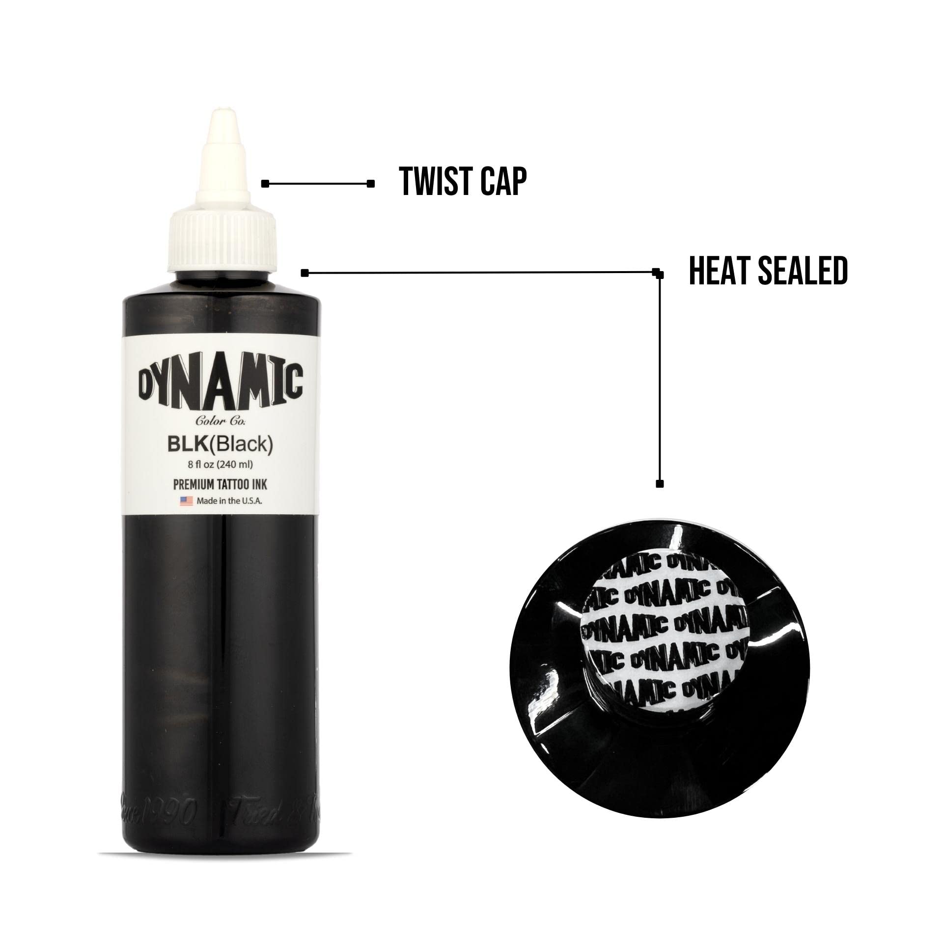 Dynamic Color Black Tattoo Ink, Made in USA Since 1990, 8 oz | Sterilized and lot-numbered for full traceability; established American brand trusted by artists worldwide