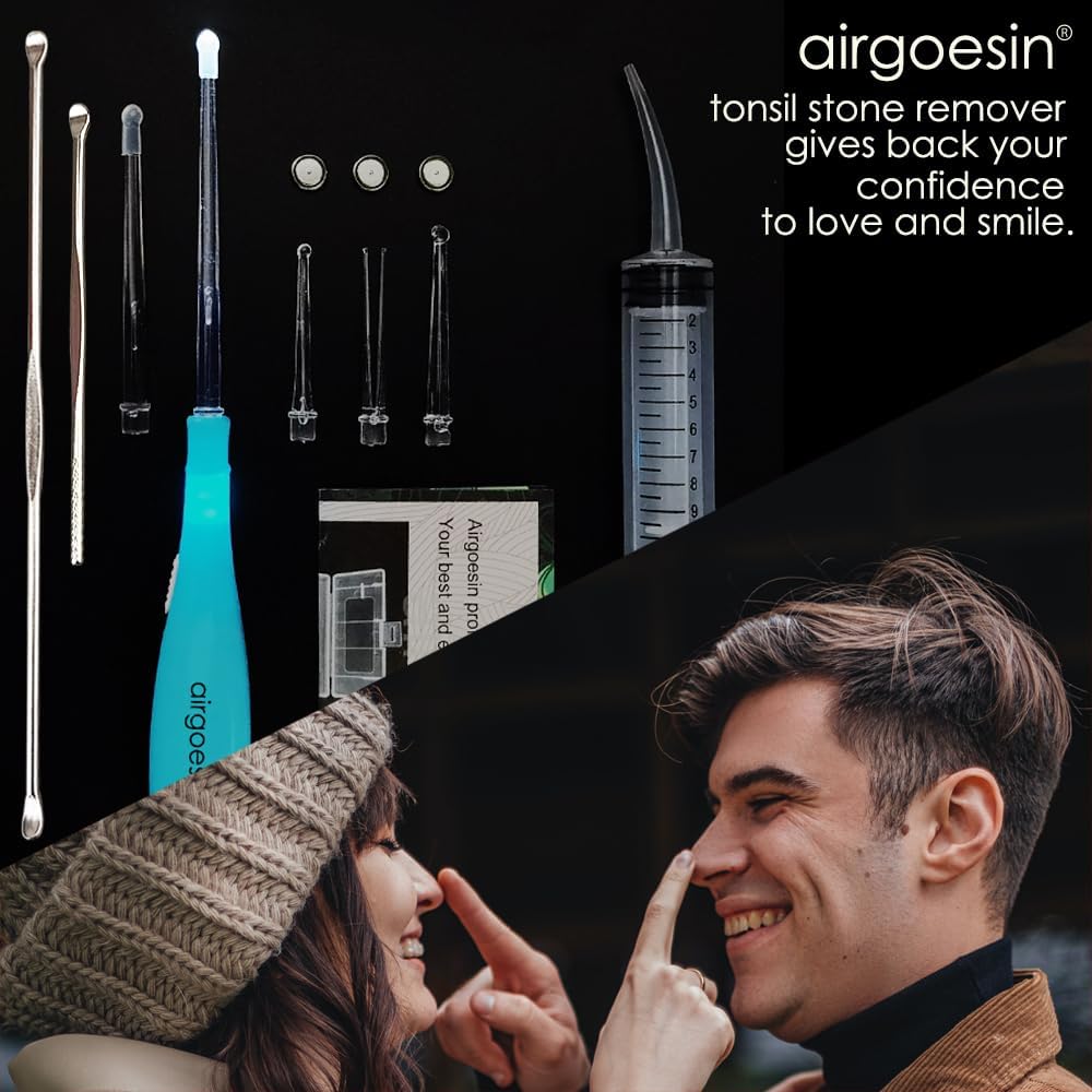 Buy now Airgoesinâ„¢ Upgraded Tonsil Stone Remover Tool, Blue, 5 Tips, Tonsillolith Pick Case + 1 Irrigator Fresh Breath Oral Rinse at indiglob india