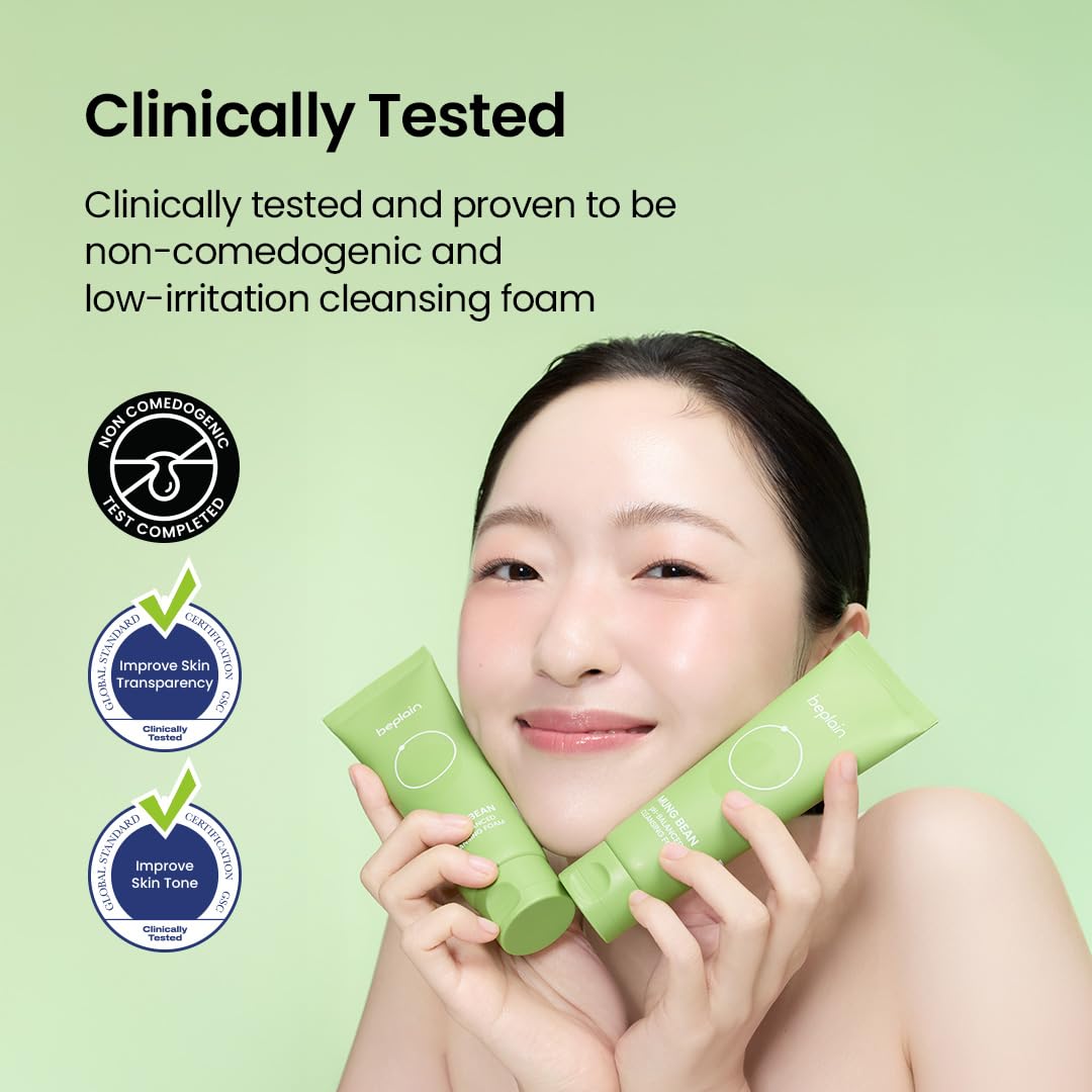 beplain Mung Bean pH-Balanced Cleansing Foam for Sensitive Skin, 5.4 fl oz | Fragrance-Free, Non-Comedogenic Tested, Deep Pore Facial Cleanser,Korean Skincare