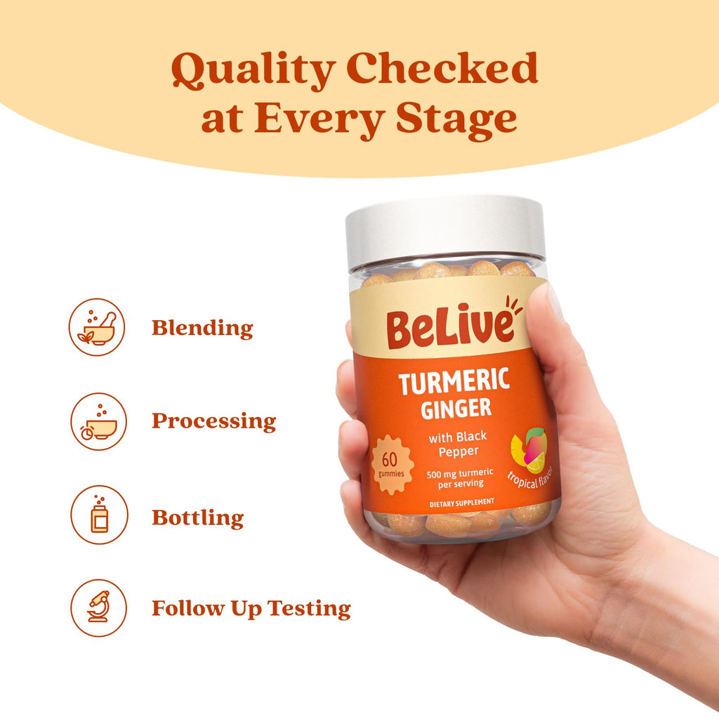 BeLive Turmeric and Ginger Gummies for Joint and Mobility Support 120 Count | 500mg Turmeric Curcumin Supplement with Black Pepper for Enhanced Absorption, Immune & Antioxidant Support, Tropical Flavor