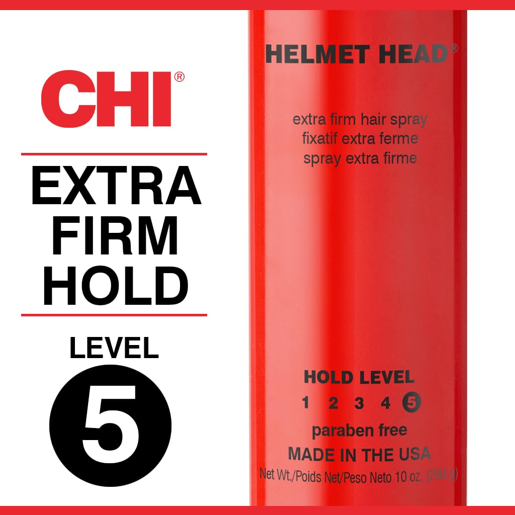 CHI Helmet Head Extra Firm Hairspray, Professional Extra Strong Hold Styling Spray for Humidity Resistance & Voluminous Hair, Sulfate & Paraben-Free Finish, 10 Oz