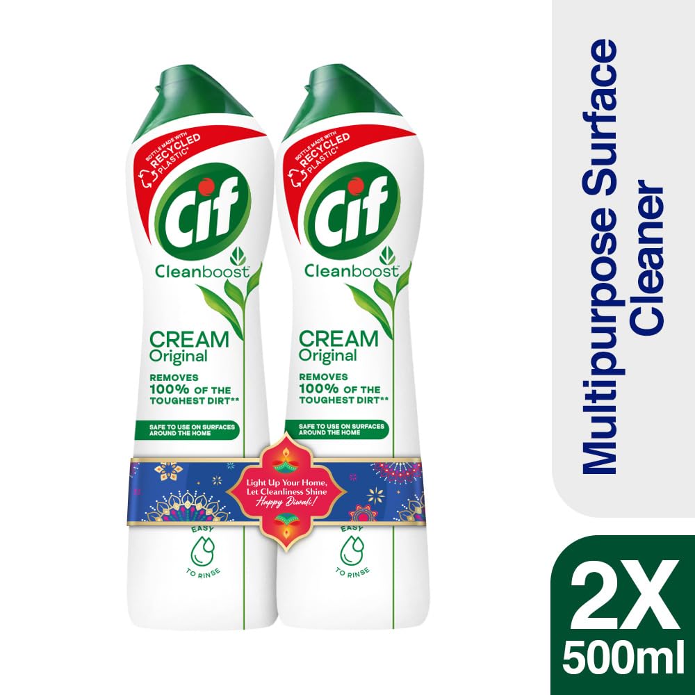 Cif Original Multipurpose Surface Cleaner Cream for Kitchen & Bathroom, Ocean Breeze Scent, 100% Dirt Removal with Natural Cleaning Particles, 2x500ml