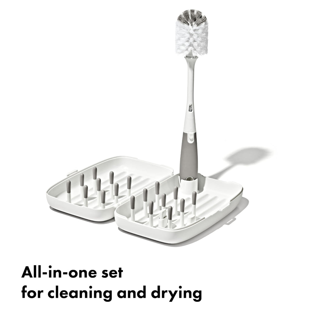 OXO Tot Travel Size Baby Bottle Drying Rack & Bottle Brush, Portable, Gray