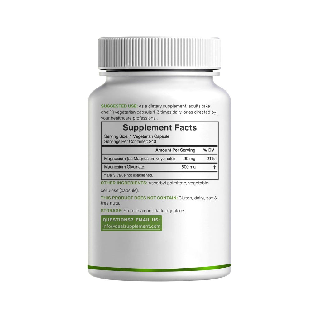 Deal Supplement Magnesium Glycinate 500mg Per Serving, 240 Veggie Capsules | 100% Chelated Magnesium Glycinate, Essential Mineral Supplement for Women & Men. Non-GMO, Gluten Free.