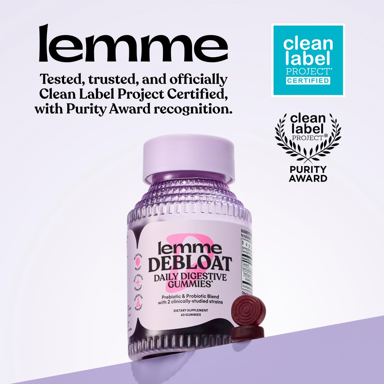 Lemme Debloat Digestive & Gut Health Gummies, 30-Day Supply | 2 Clinically Studied Probiotics & Prebiotic, Vegetarian, Gluten Free, Non GMO, BlackBerry Flavor