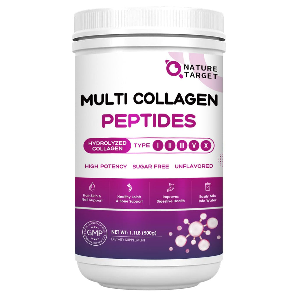 NATURE TARGET Multi Collagen Peptides Powder, 50 Servings | Type I, II, III, V, X, Hydrolyzed Collagen Peptides with Vitamin C, Hyaluronic Acid, Supports Skin Hair Nail & Joint, Non-GMO
