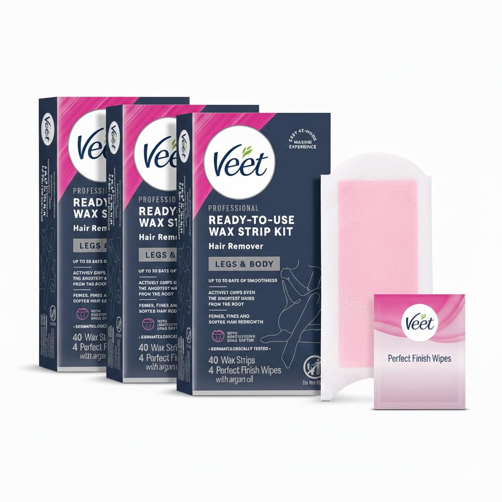 VEET Ready-To-Use Waxing Kit For Women | Wax Strips For Body Hair Removal, Wax Kit For Ingrown Hair Treatment, Personal Care Product, Hair Remover | 40ct Waxing Strips, 4ct Body Wipes