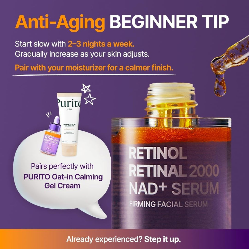 PURITO Retinol + Retinal Serum for Sensitive Skin, 1.01 fl.oz | Anti-Aging Facial Serum, Wrinkles & Fine Lines, Dual Retinoids with NAD+, Elasticity & Skin Texture, Korean Skincare